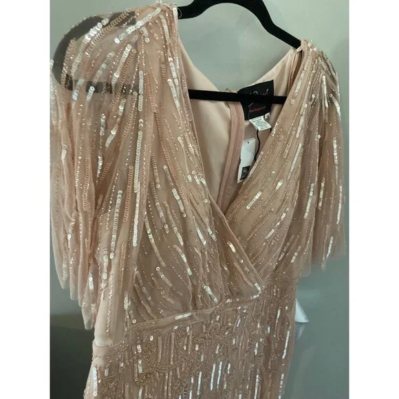 Mac Duggal Blush Pink Embellished Cap Sleeve Faux Wrap Trumpet Gown Dress 14 - Picture 11 of 13